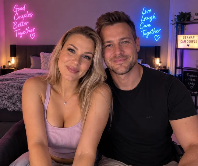 Generiertes Bild eines typischen deutschen Cam-Paar in einem neonbeleuchteten Zimmer mit dem Bett im Hintergrund - www.deutsch.webcam